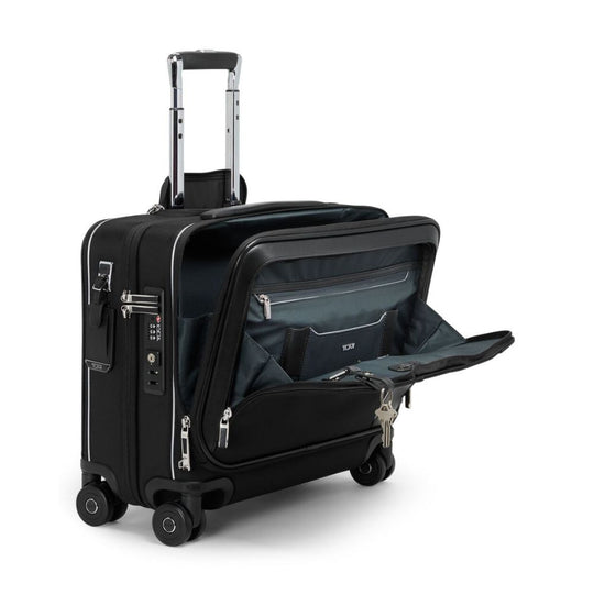 Black suitcase with open compartment on a white background