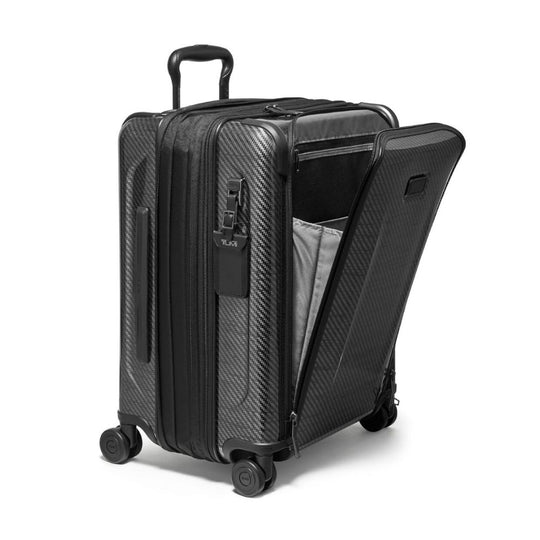 Black suitcase with open compartment on a white background
