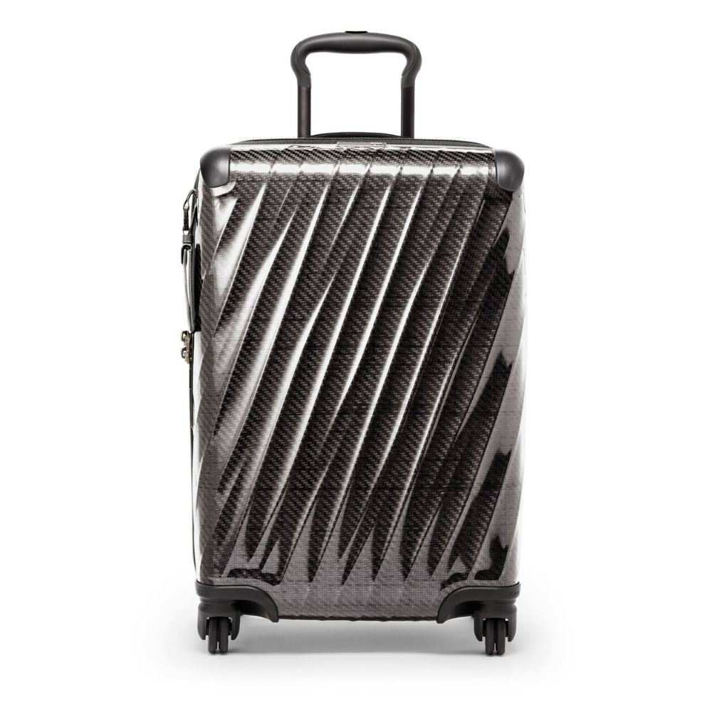 Black suitcase with a geometric pattern on a white background