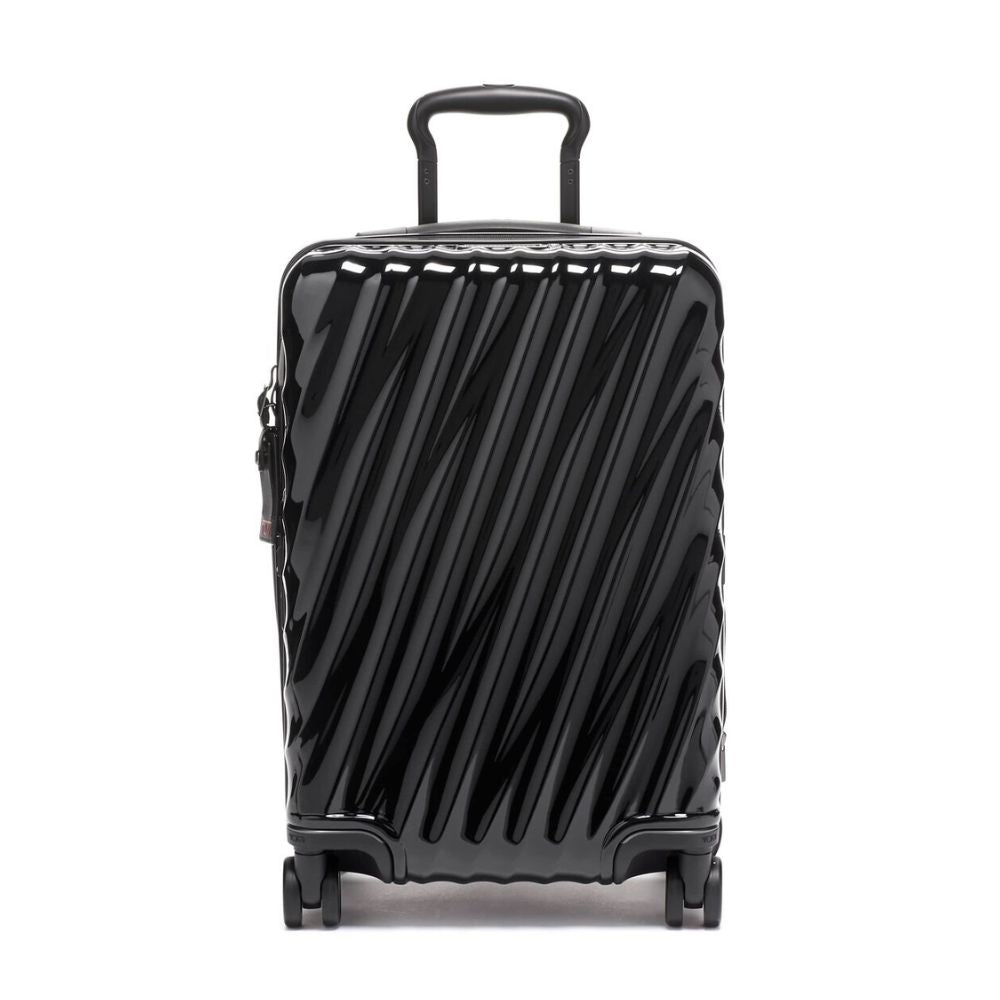 Black suitcase with diagonal stripes on a white background