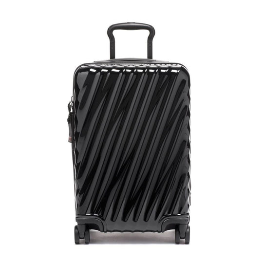 Black suitcase with diagonal stripes on a white background