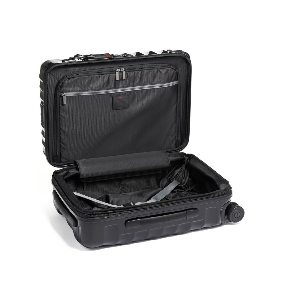 Black open suitcase on a white background
