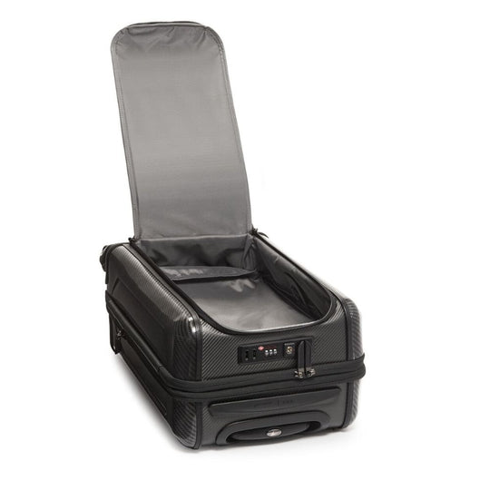 Black suitcase with open lid on a white background