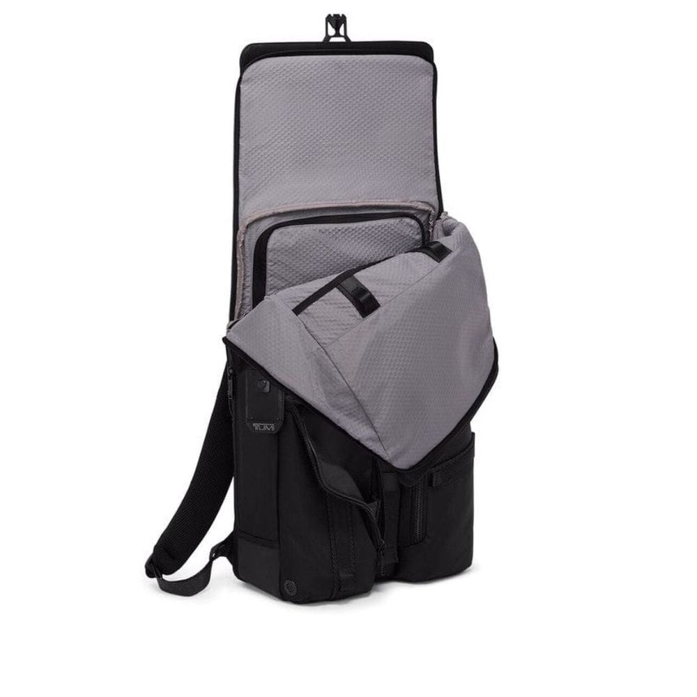 Black and gray backpack with open front compartment on a white background