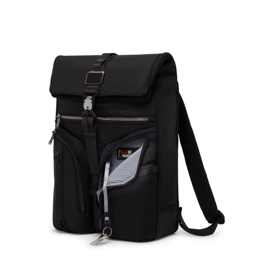 Black backpack with multiple pockets on a white background