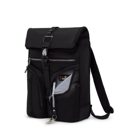 Black backpack with multiple pockets on a white background