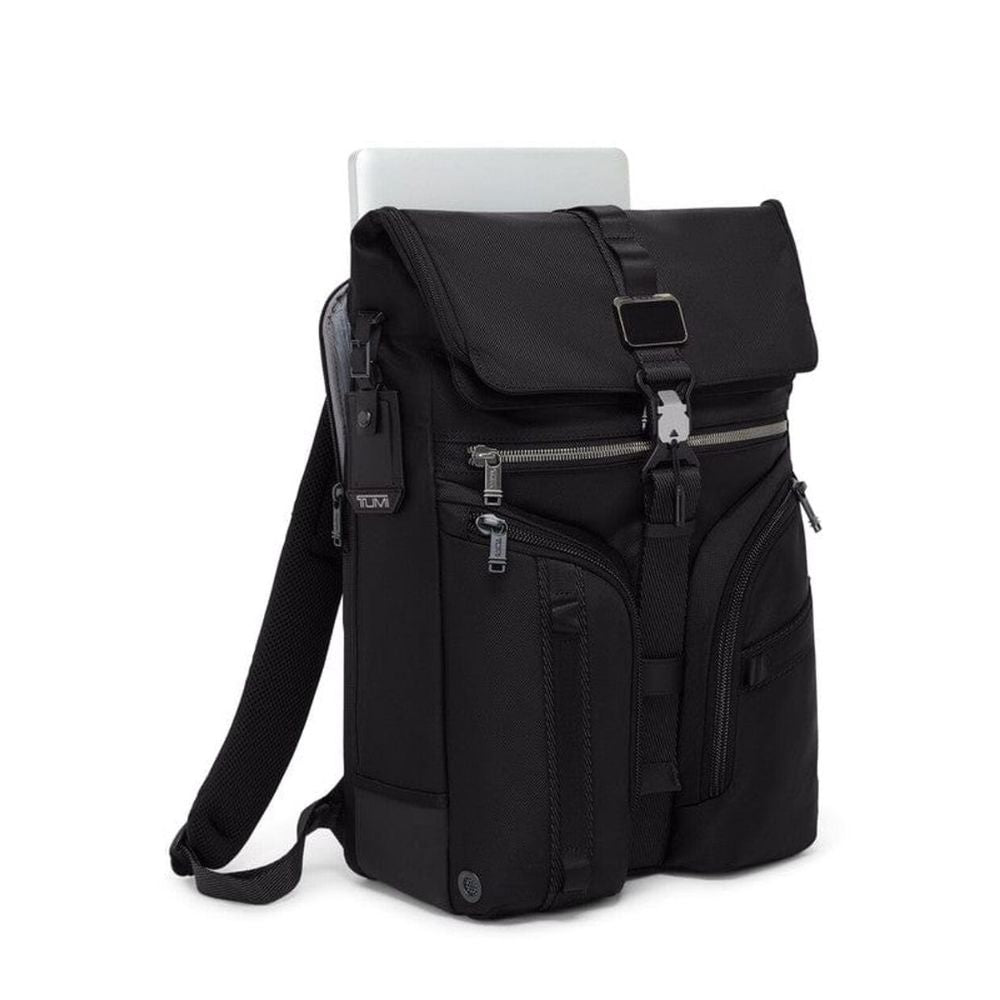 Black backpack with laptop compartment on a white background