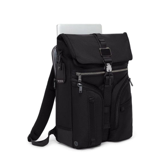 Black backpack with laptop compartment on a white background