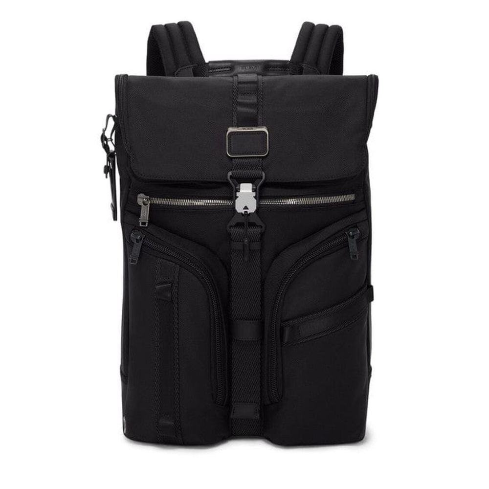 Black backpack with multiple pockets and zippers on a white background