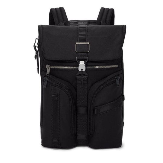 Black backpack with multiple pockets and zippers on a white background