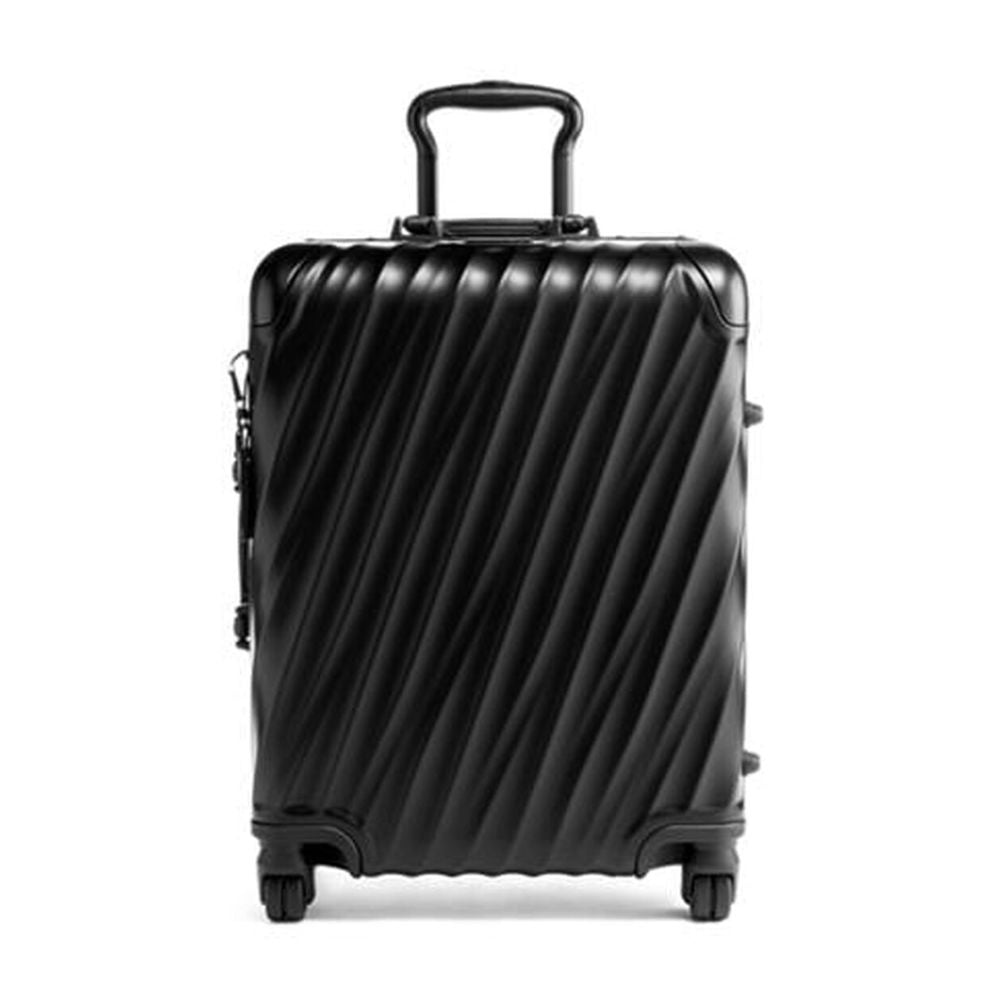 Black suitcase with diagonal stripes on a white background
