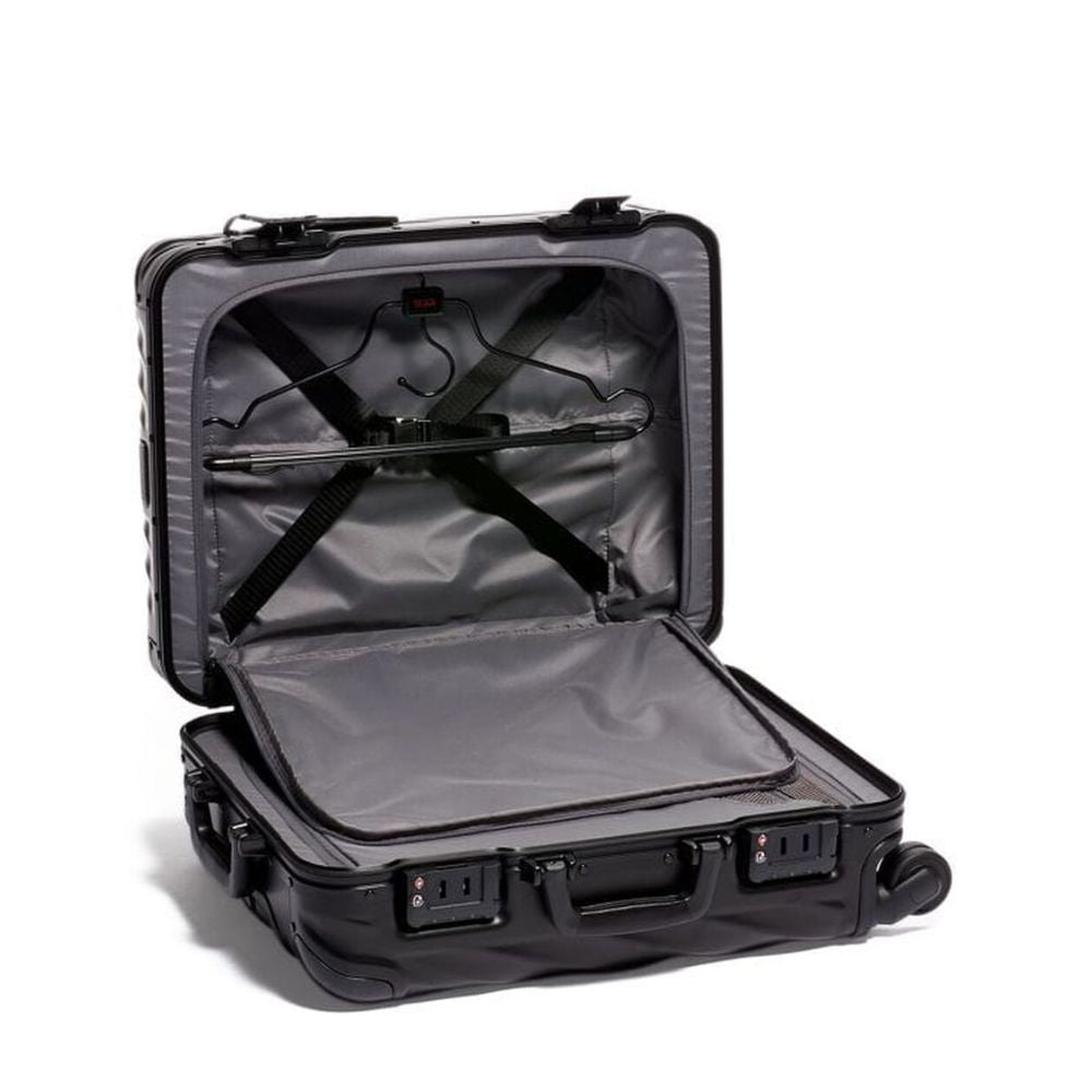 Open black suitcase with interior padding on a white background
