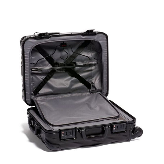 Open black suitcase with interior padding on a white background