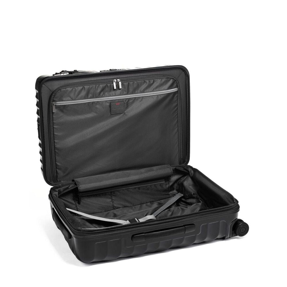 Black open suitcase on a white background