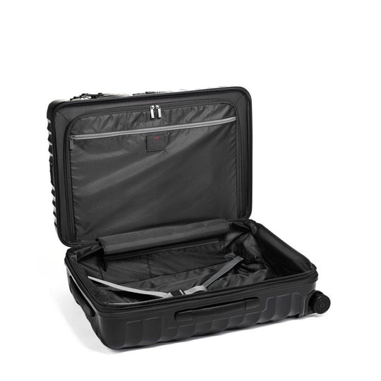 Black open suitcase on a white background