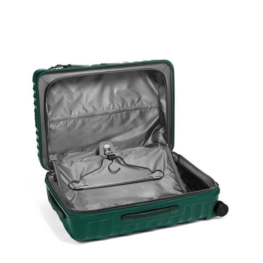 Green suitcase with open lid showing gray interior and hanger