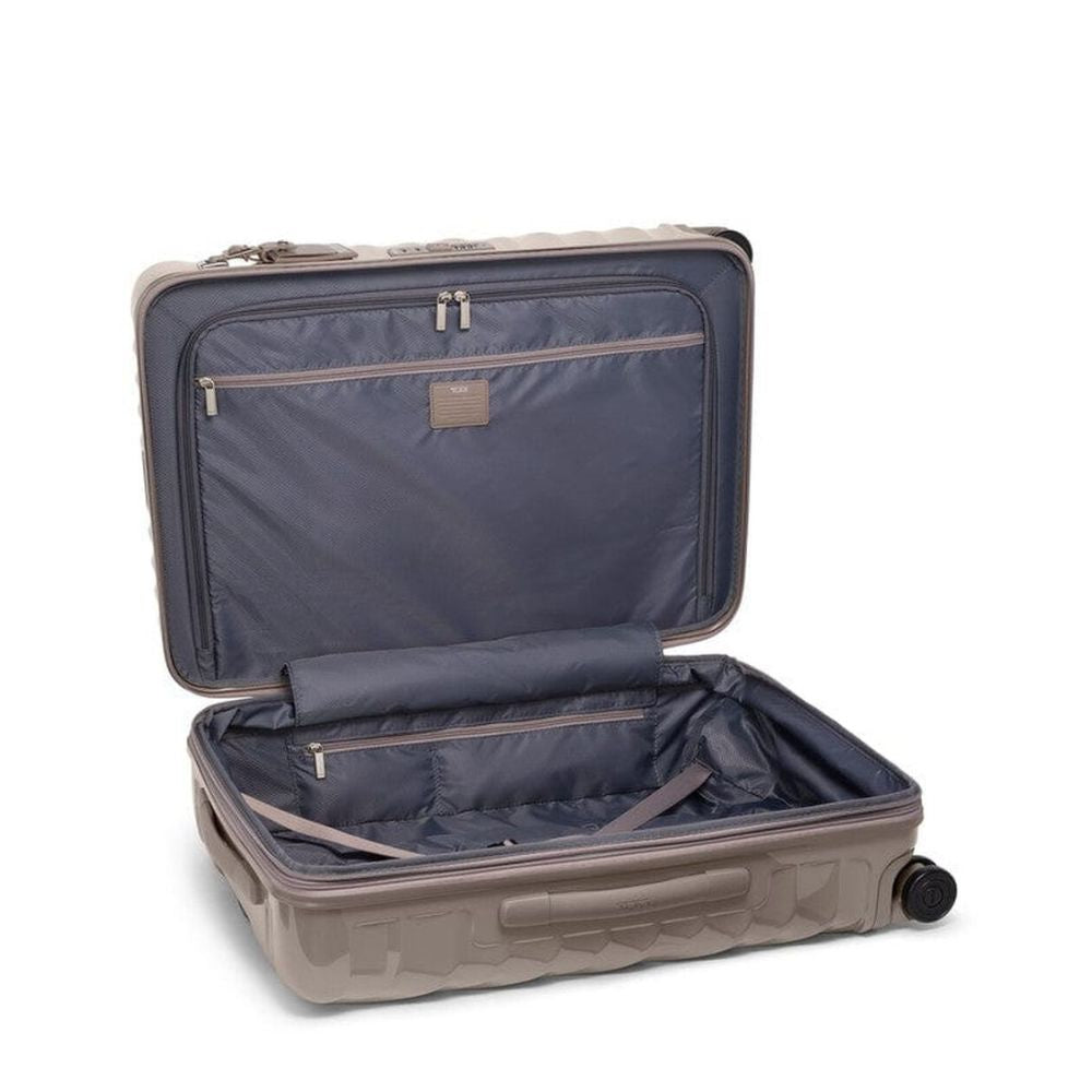 Open Moon Rock suitcase with dark blue interior on a white background