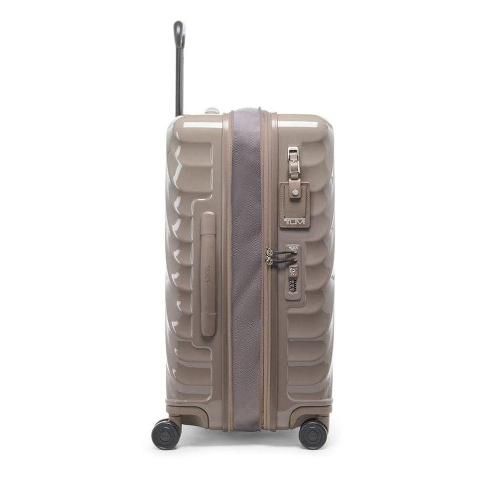 Moon Rock color TUMI 19 Degree Expandable Case with a zipper on a white background