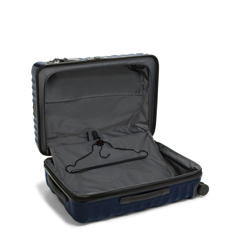 navy blue color TUMI 19 Degree Expandable Case with a hanger inside on a white background
