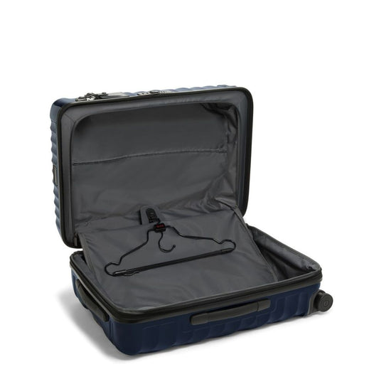 navy blue color TUMI 19 Degree Expandable Case with a hanger inside on a white background