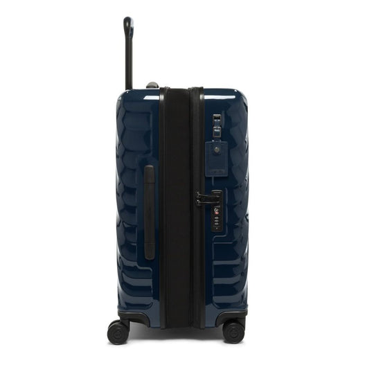 navy blue color TUMI 19 Degree Expandable Case with a textured surface on a white background