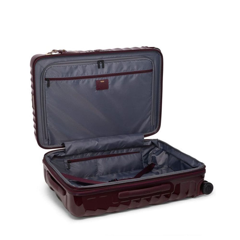 Open Wine color TUMI 19 Degree Expandable Case on a white background