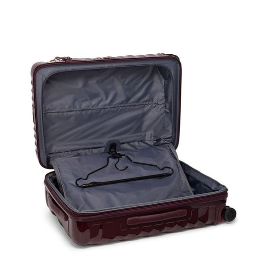 Open Wine color TUMI 19 Degree Expandable Case  with a hanger inside on a white background