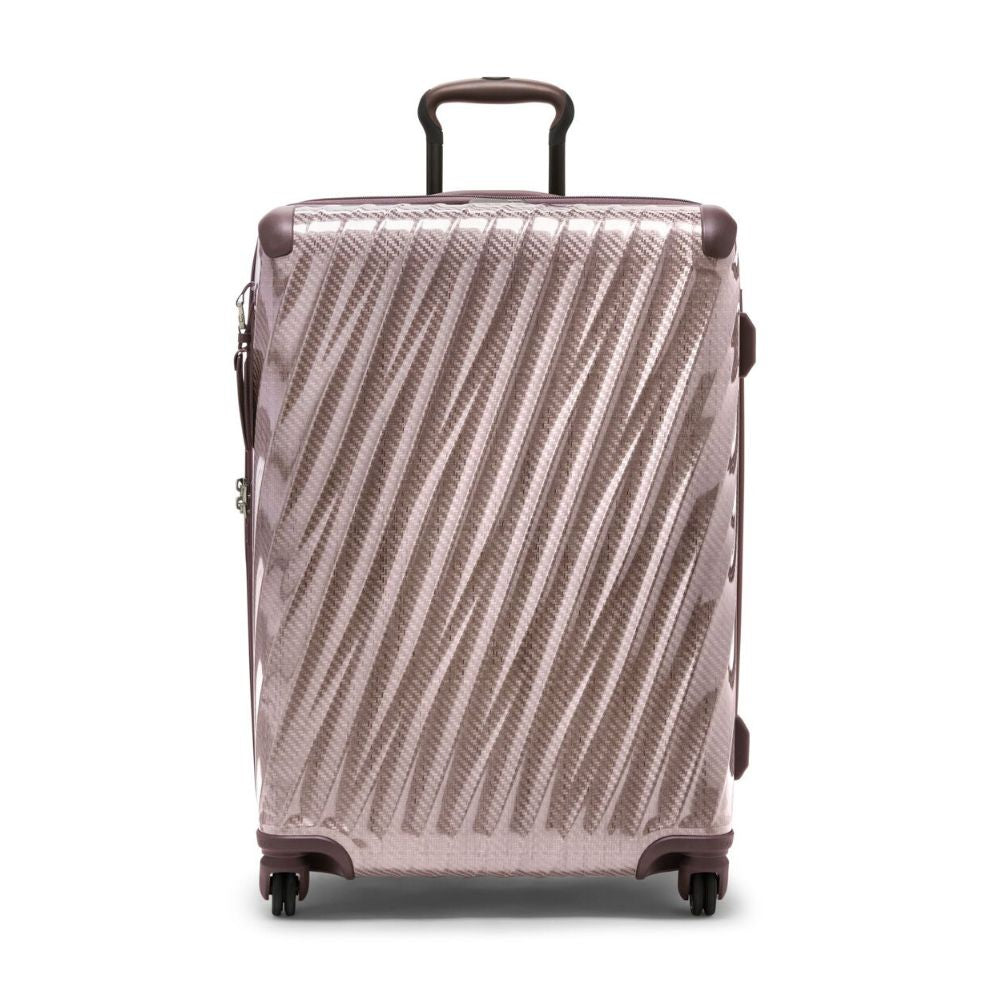 Beige suitcase with a geometric pattern on a white background