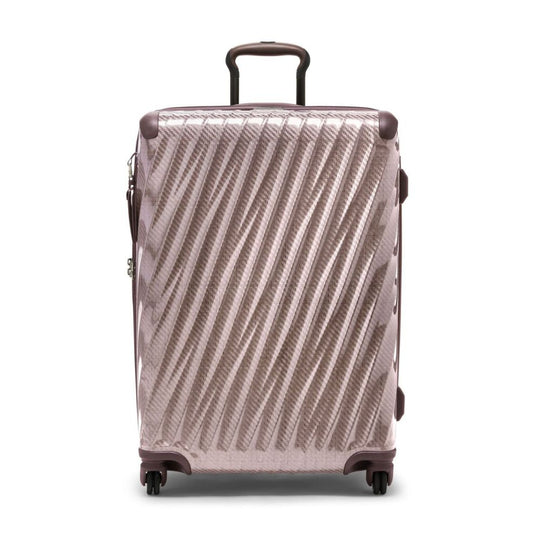 Beige suitcase with a geometric pattern on a white background