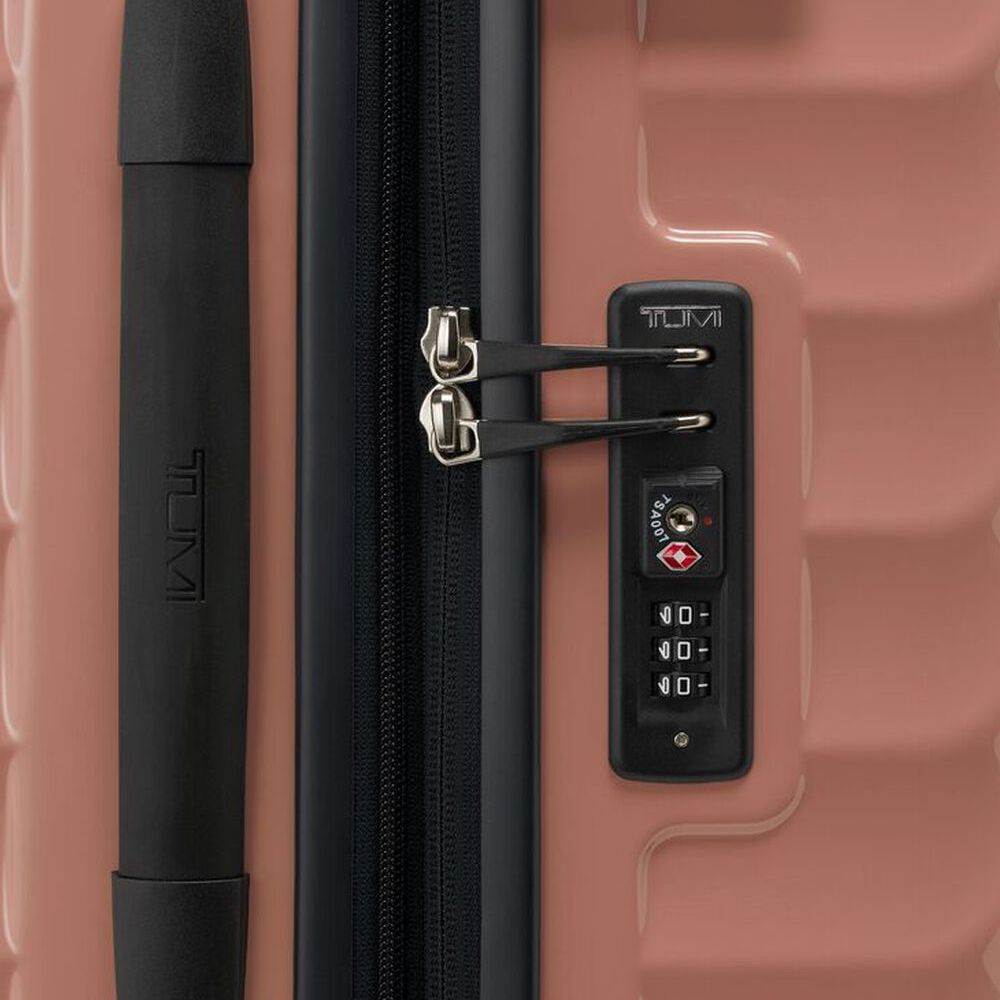Close up of the combination lock and handle on TUMI Iconic Alpha 3 Packing Case: Model Number 139686-1596