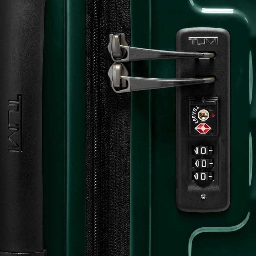 Close up of the combination lock and handle on TUMI Iconic Alpha 3 Packing Case: Model Number 139686-1596