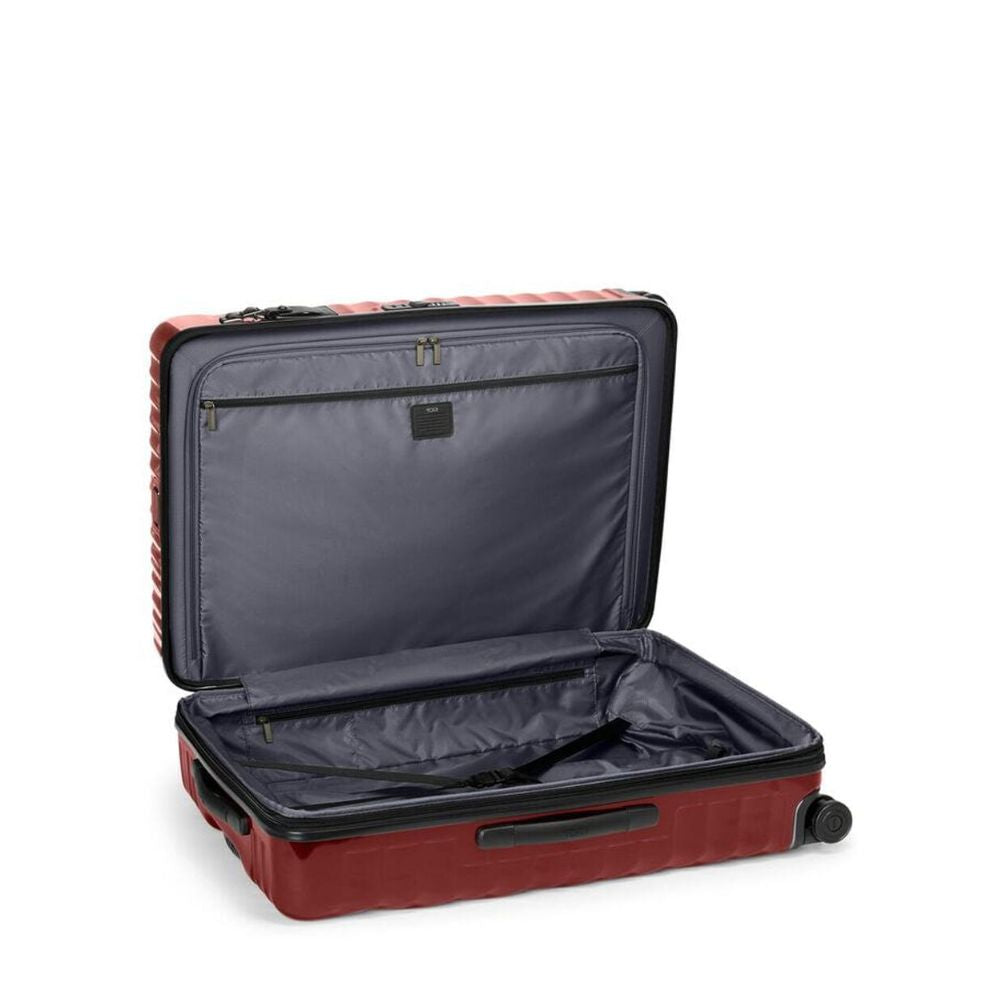 Open red suitcase with a checkered pattern on a white background