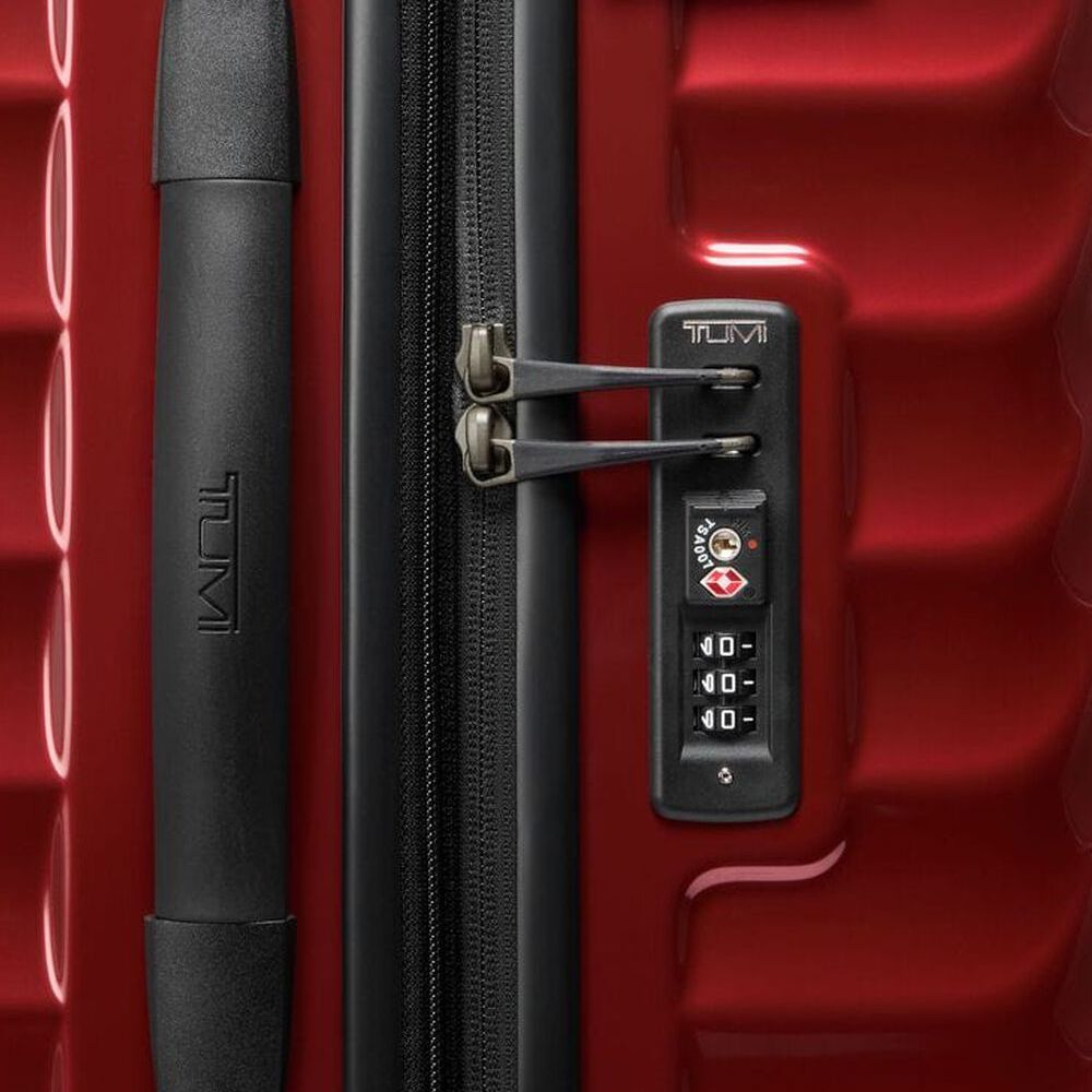 Close up of the combination lock and handle on TUMI Iconic Alpha 3 Packing Case: Model Number 139686-1596