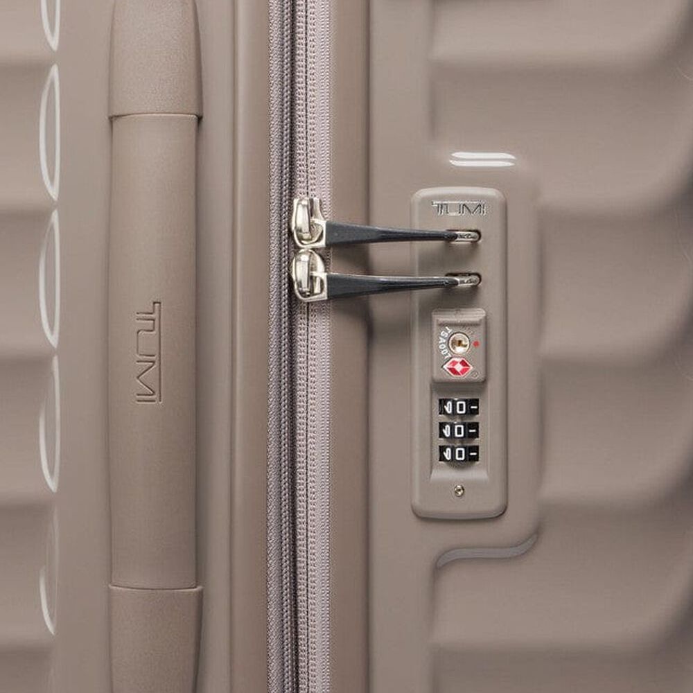 Close up of the combination lock and handle on TUMI Iconic Alpha 3 Packing Case: Model Number 139686-1596