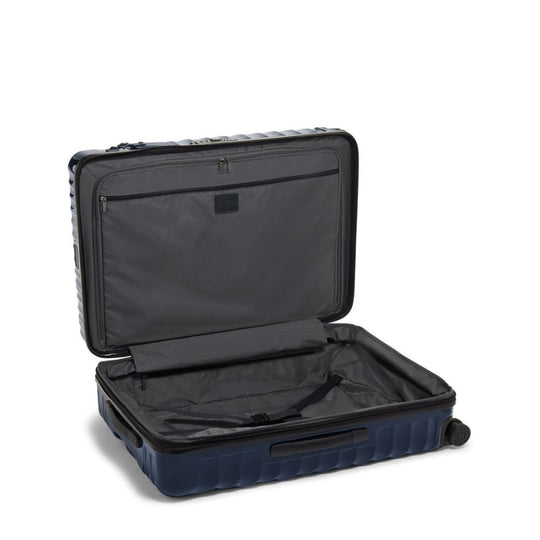 Open suitcase with black interior on a white background