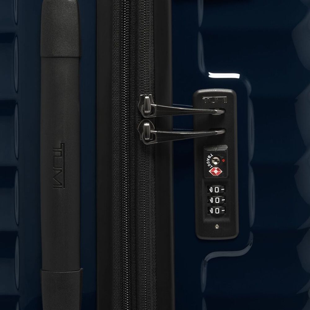 Close up of the combination lock and handle on TUMI Iconic Alpha 3 Packing Case: Model Number 139686-1596