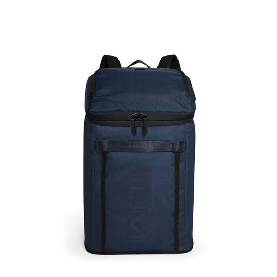 Navy blue backpack with black straps on a white background