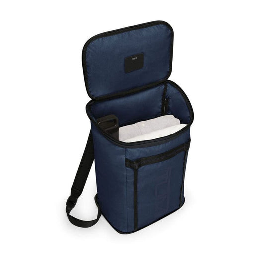 Navy blue cooler bag with black straps on a white background