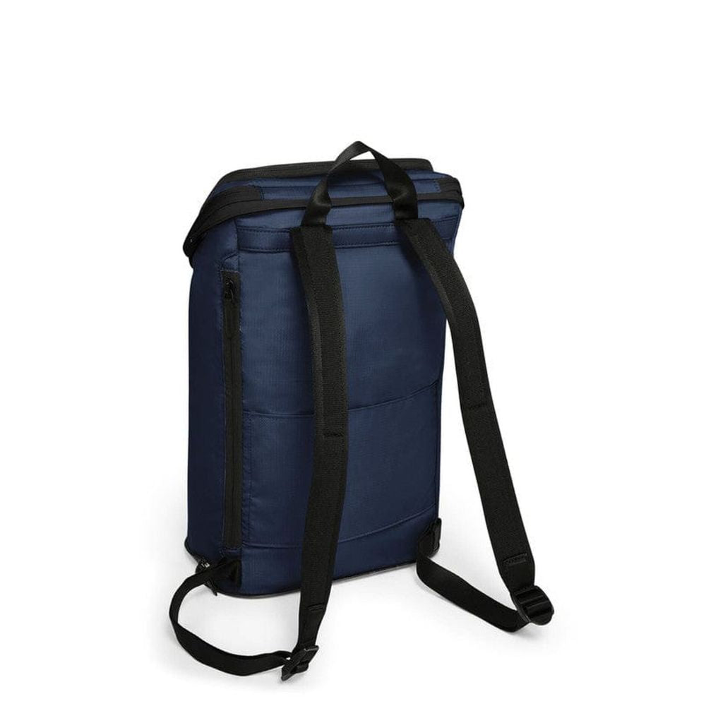 Blue backpack with black straps on a white background