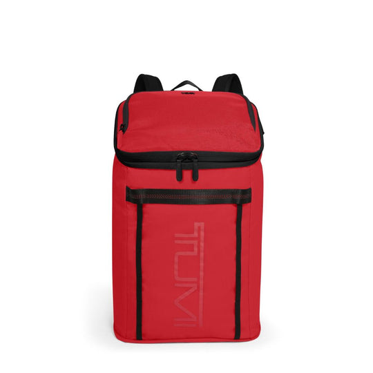 Red backpack with black accents on a white background