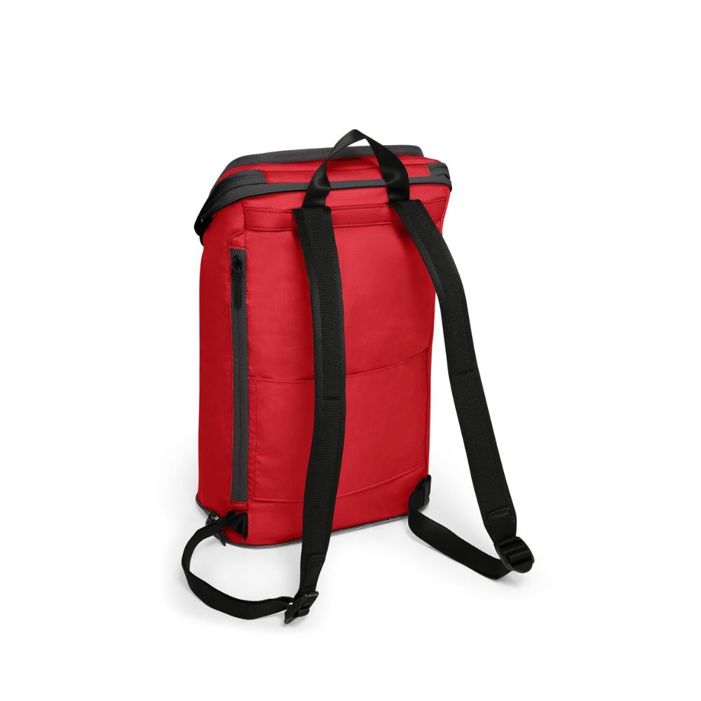 Red backpack with black straps on a white background