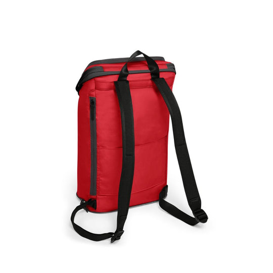 Red backpack with black straps on a white background