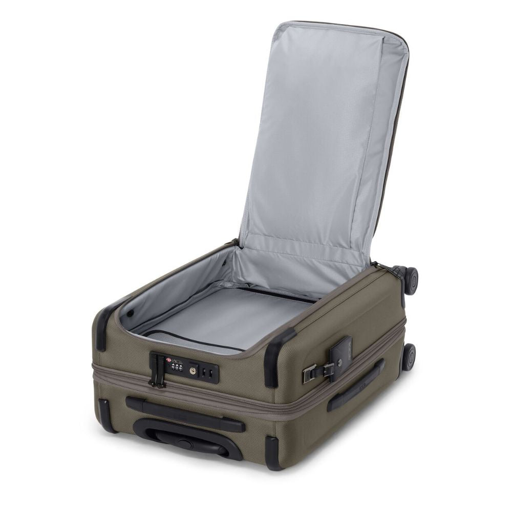 Open beige suitcase with gray interior on a white background