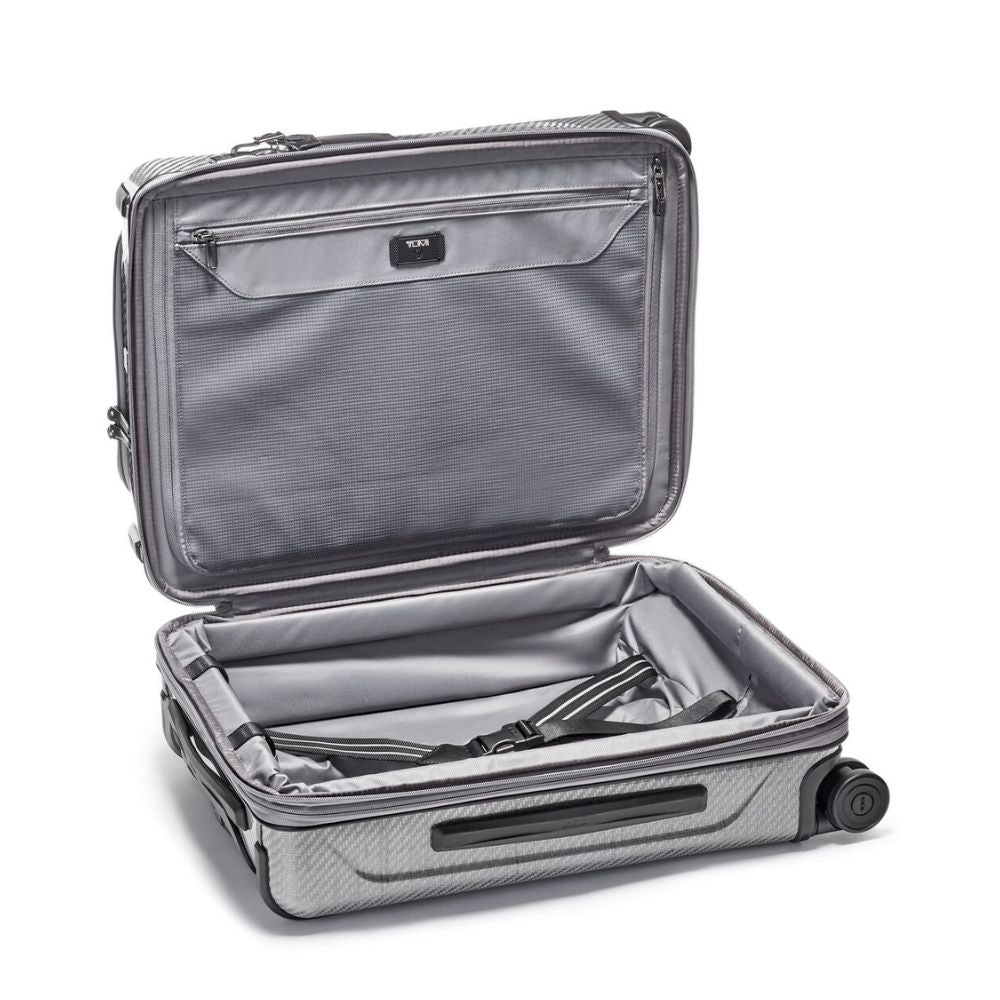 Open gray suitcase on a white background
