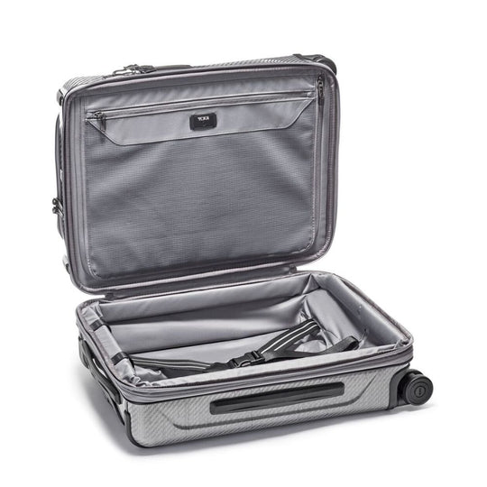 Open gray suitcase on a white background
