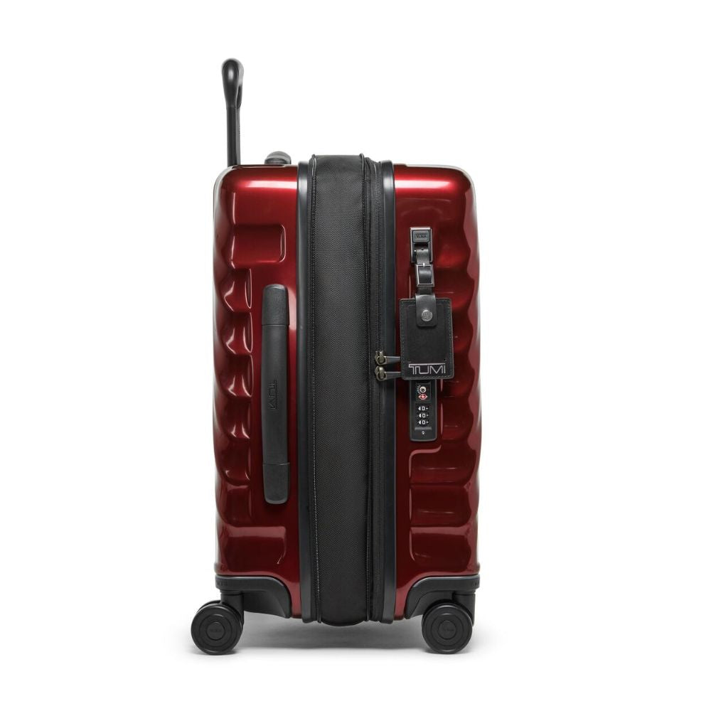 Red suitcase with black accents on a white background