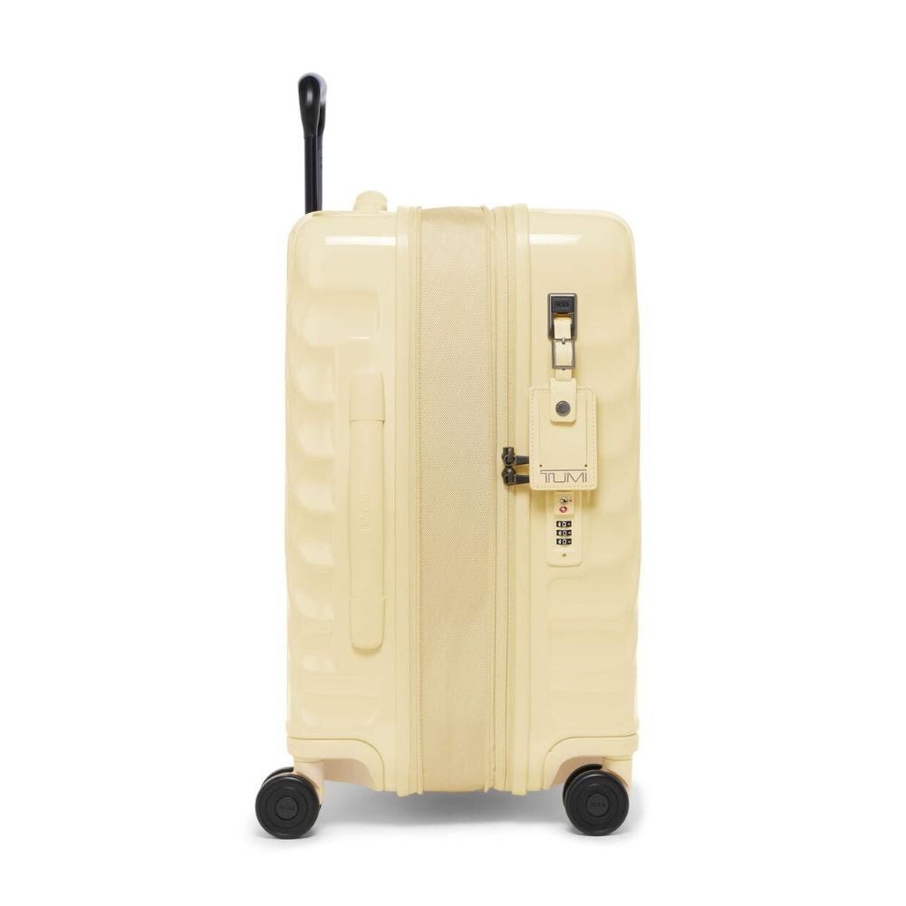 Beige suitcase with wheels and handle on a white background