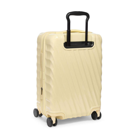 Beige suitcase with a black handle on a white background