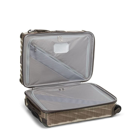 Open suitcase with transparent interior on a white background