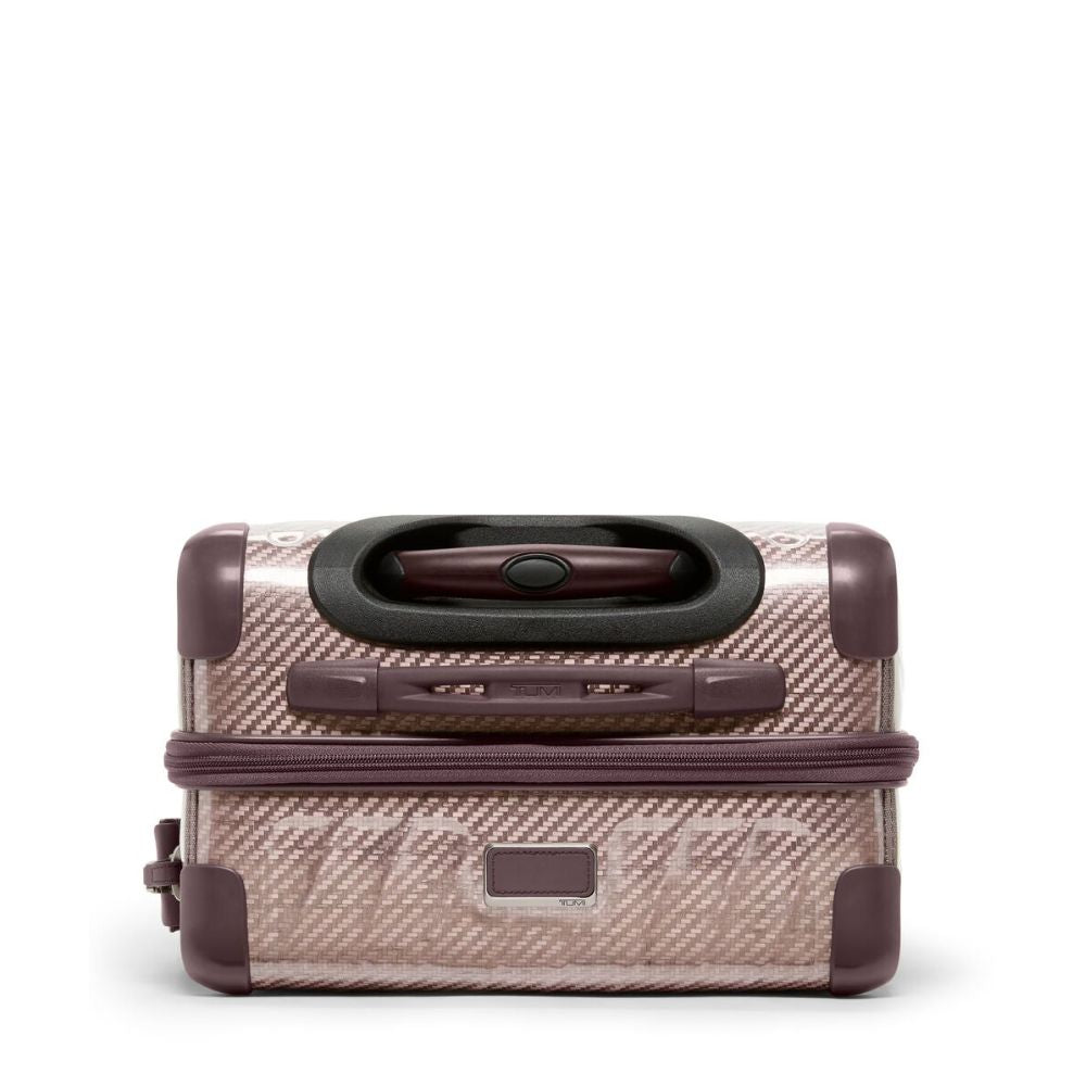 Small suitcase with a textured pattern and brown accents on a white background